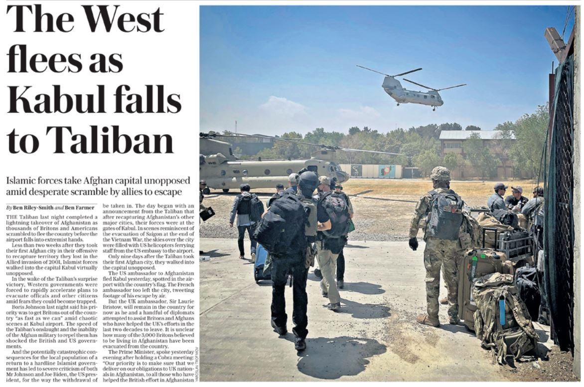 Afghanistan withdrawal Daily Telegraph 16-8-2021 - enlarge
